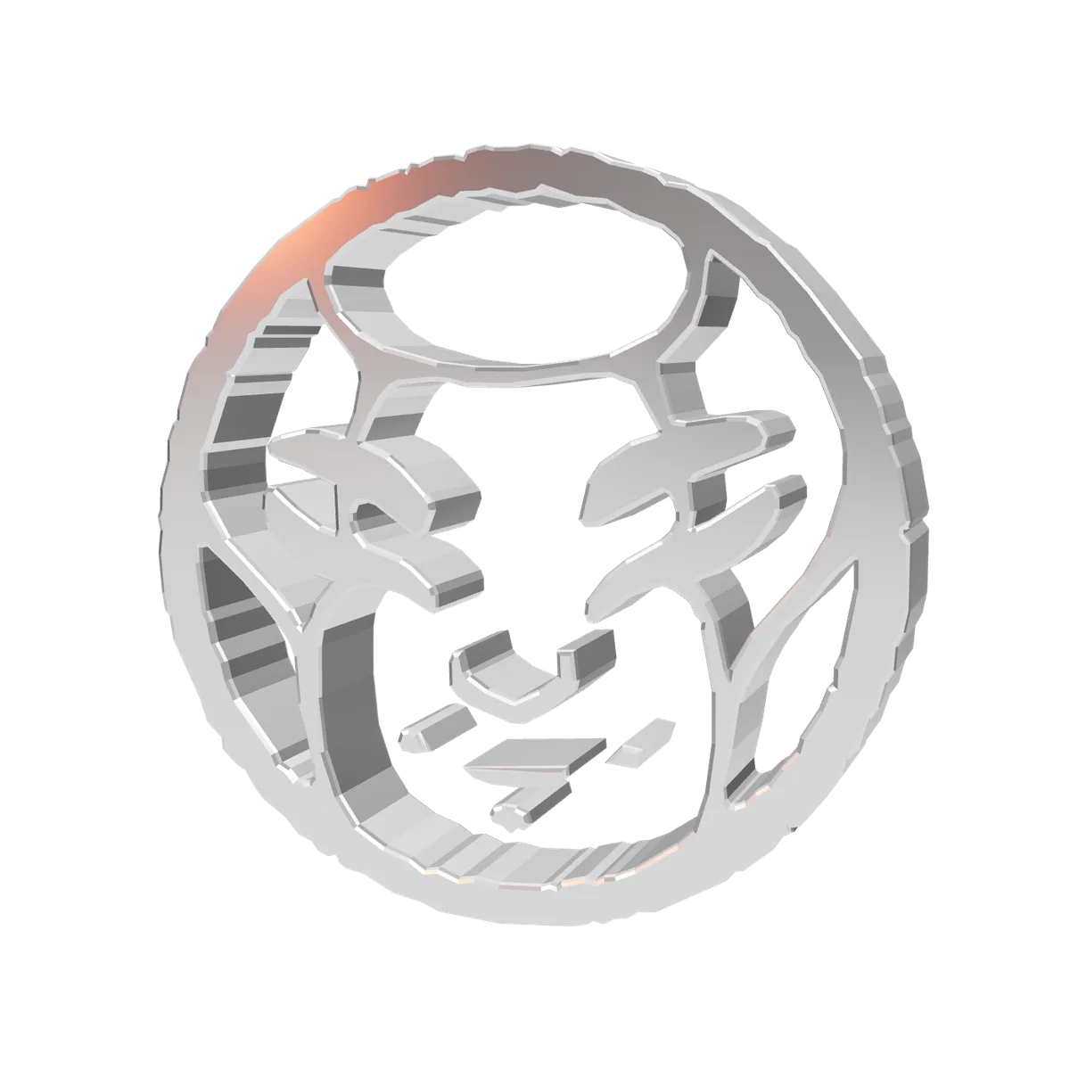 Emblema de MNDZA Studio modelado en 3D con acabado cromado.
