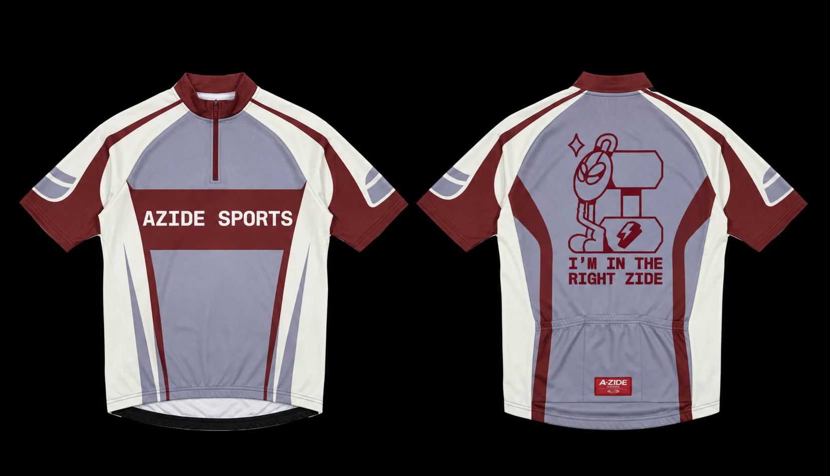 Jersey deportivo Azide Sports en lila, blanco y vino, en vista frontal y trasera, con la frase «I'm in the right zide».