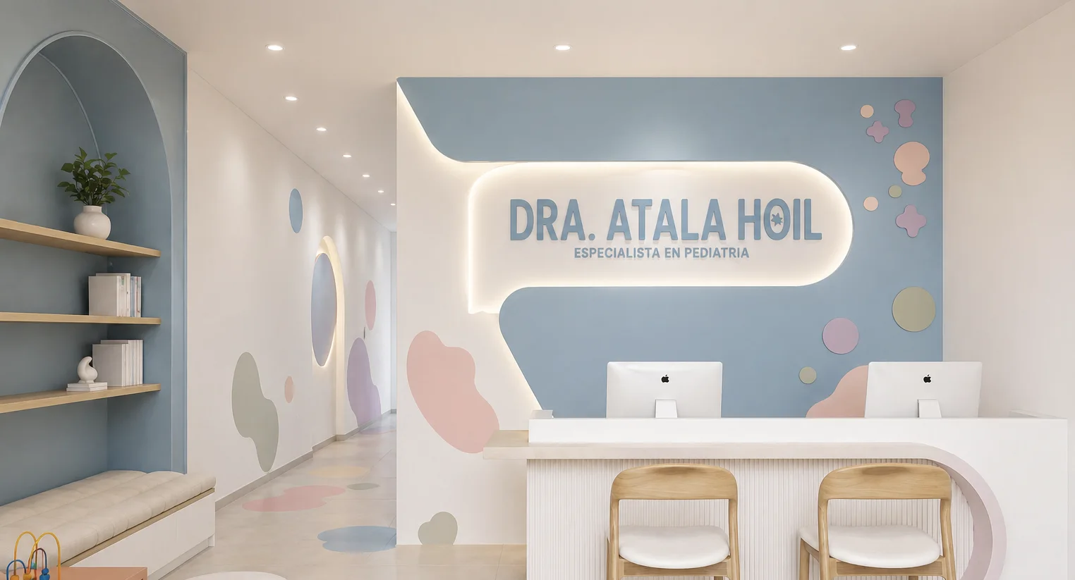 Recepción de un consultorio pediátrico con el letrero luminoso «Dra. Atala Hoil · Especialista en pediatría», muros azul pastel y formas orgánicas de colores.