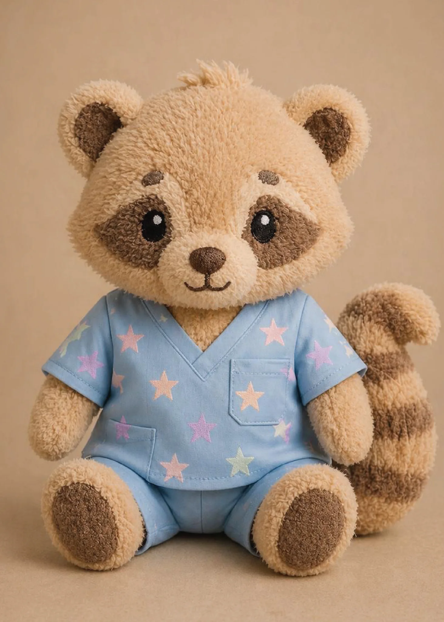 Peluche de mapache con uniforme médico azul estampado con estrellas.