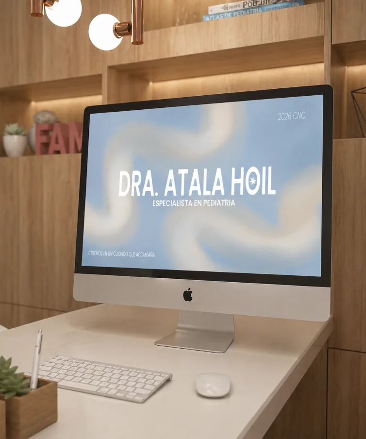 Monitor sobre un escritorio de madera que muestra la marca Dra. Atala Hoil sobre un fondo azul difuminado.