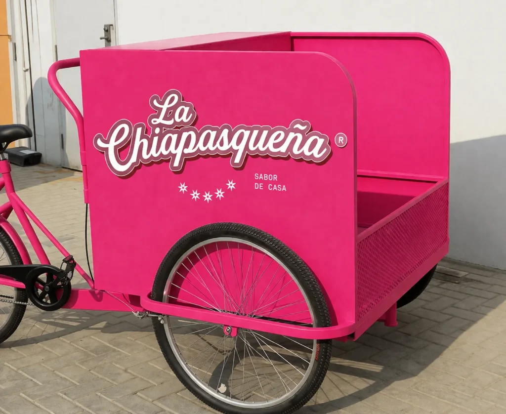 Triciclo de carga rosa con el logotipo de La Chiapasqueña y la frase «Sabor de casa».