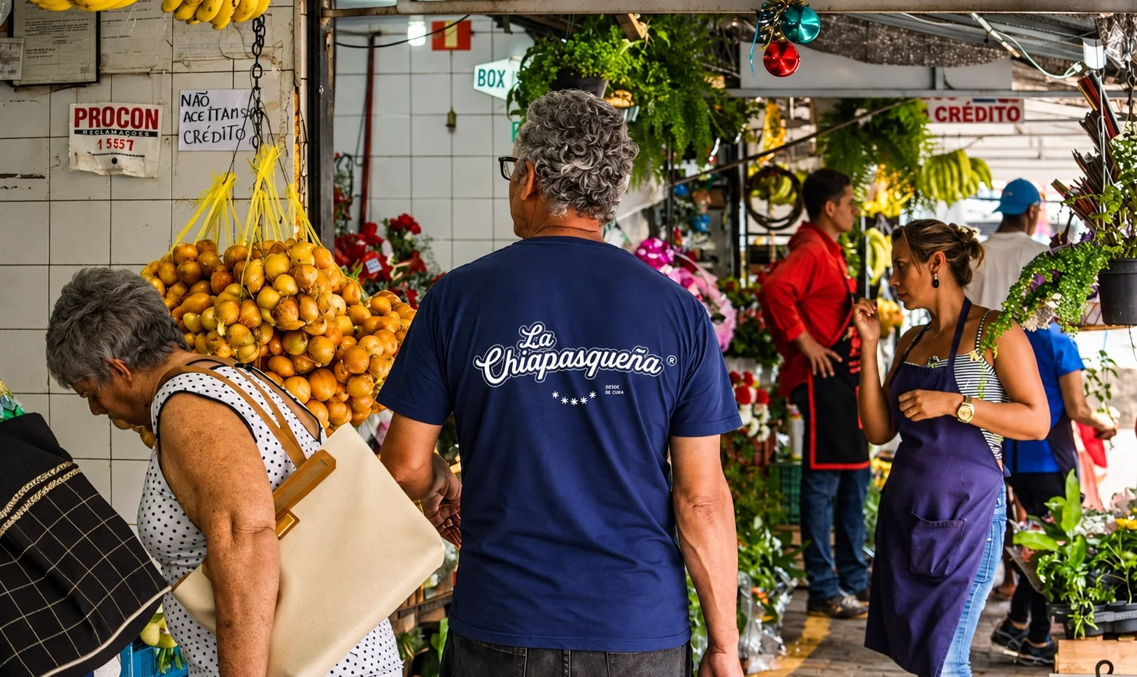 Persona de espaldas con playera azul marino de La Chiapasqueña en un mercado lleno de fruta.