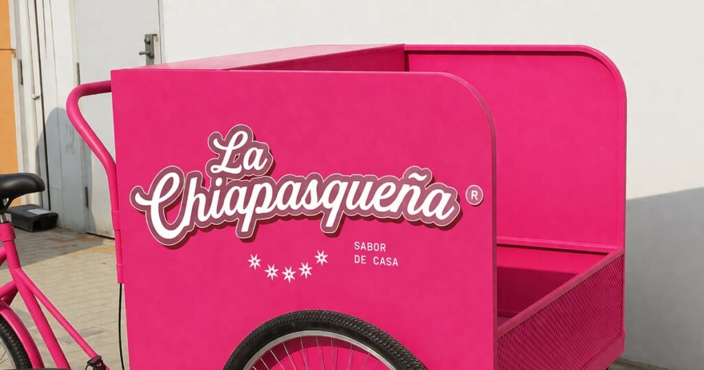 Triciclo de carga rosa con el logotipo de La Chiapasqueña y la frase «Sabor de casa».