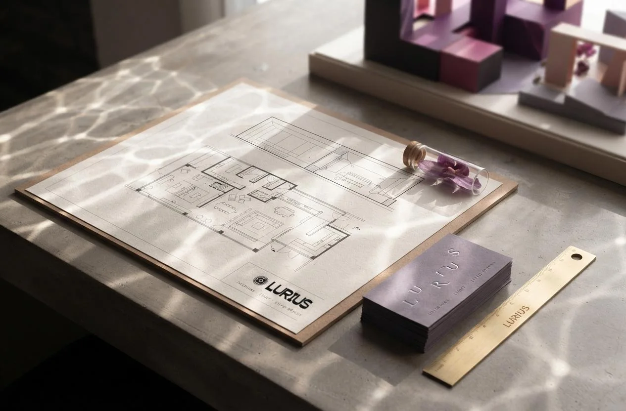 Plano arquitectónico con la marca Lurius junto a tarjetas de presentación moradas y una regla dorada grabada.