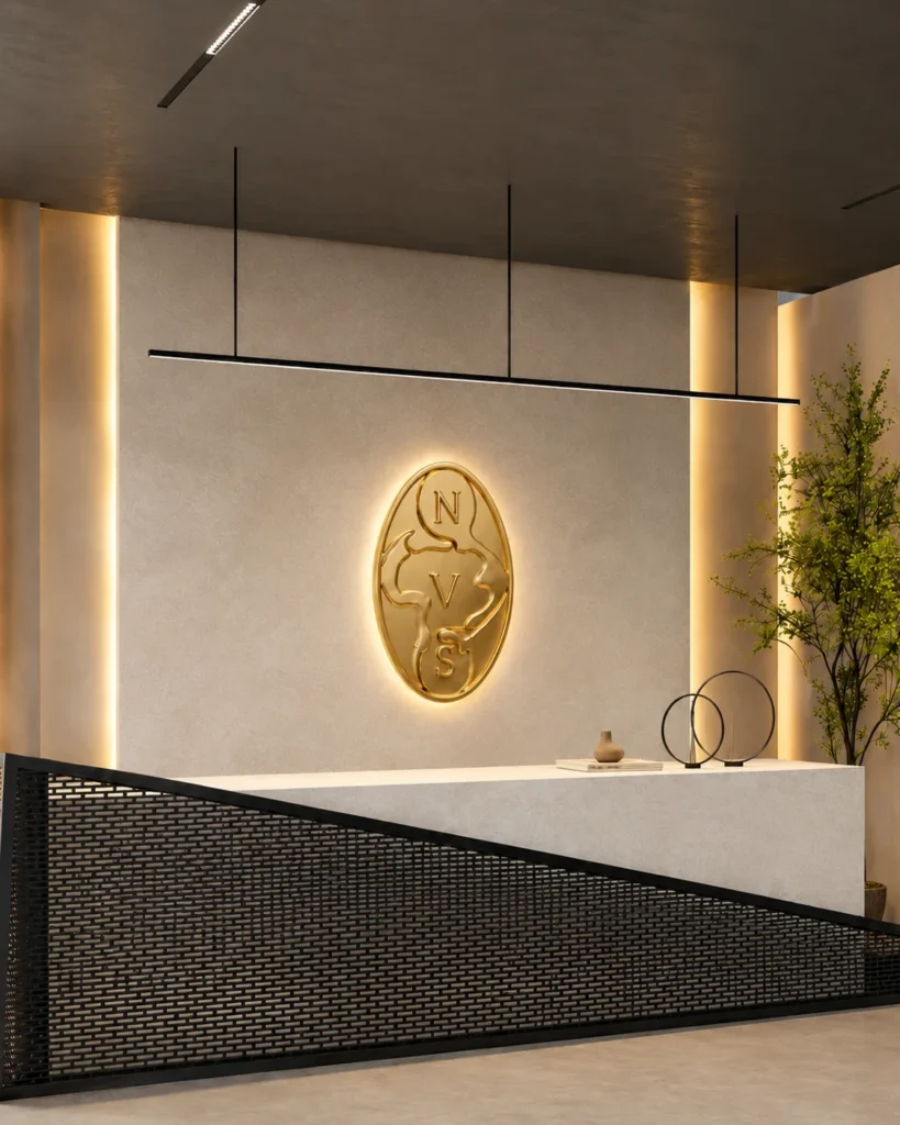 Recepción con muro iluminado y el monograma de Noversa en un medallón dorado.