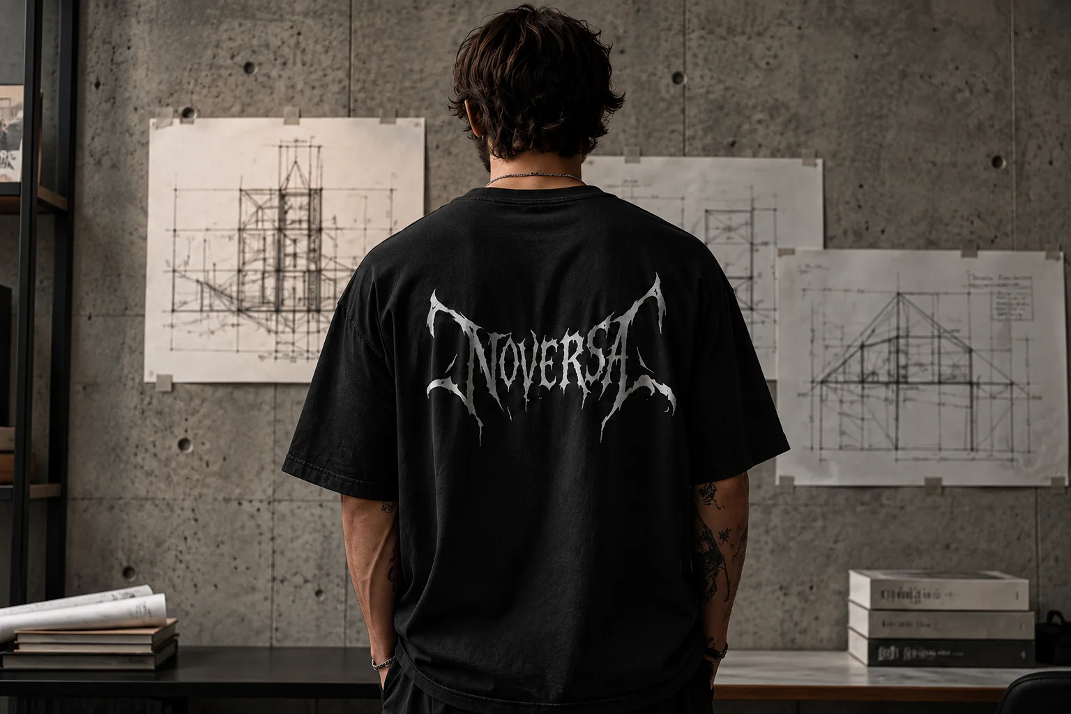 Persona de espaldas con playera negra estampada con el logotipo de Noversa frente a planos arquitectónicos.